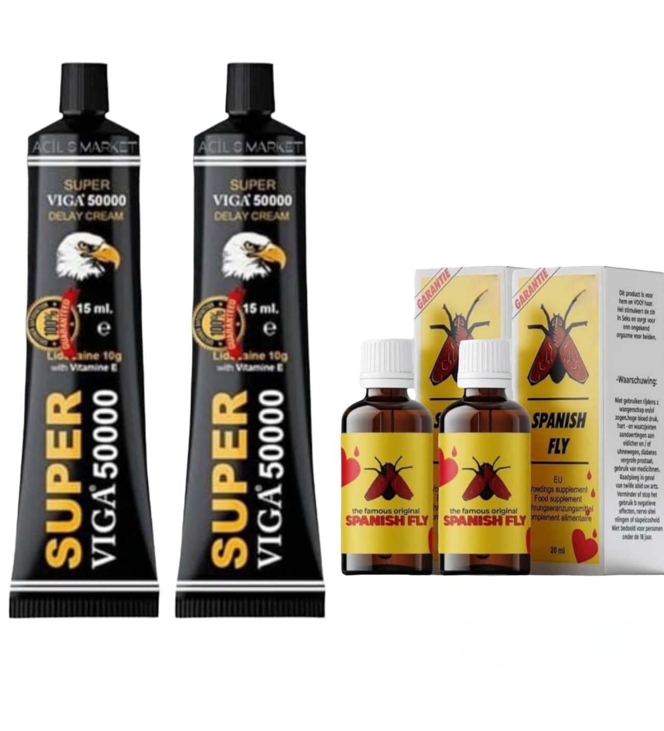2 Kutu Super Viga 50000 Erkeklere Ozel Geciktirici Krem + 2 Kutu Spanish Fly Bayanlara Libido Istek Artirici Damla
