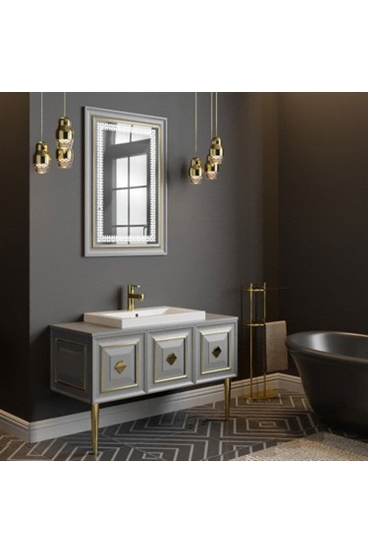 Davlos Banyo Dolabı Takımı Taş Gri Gold 120 Cm