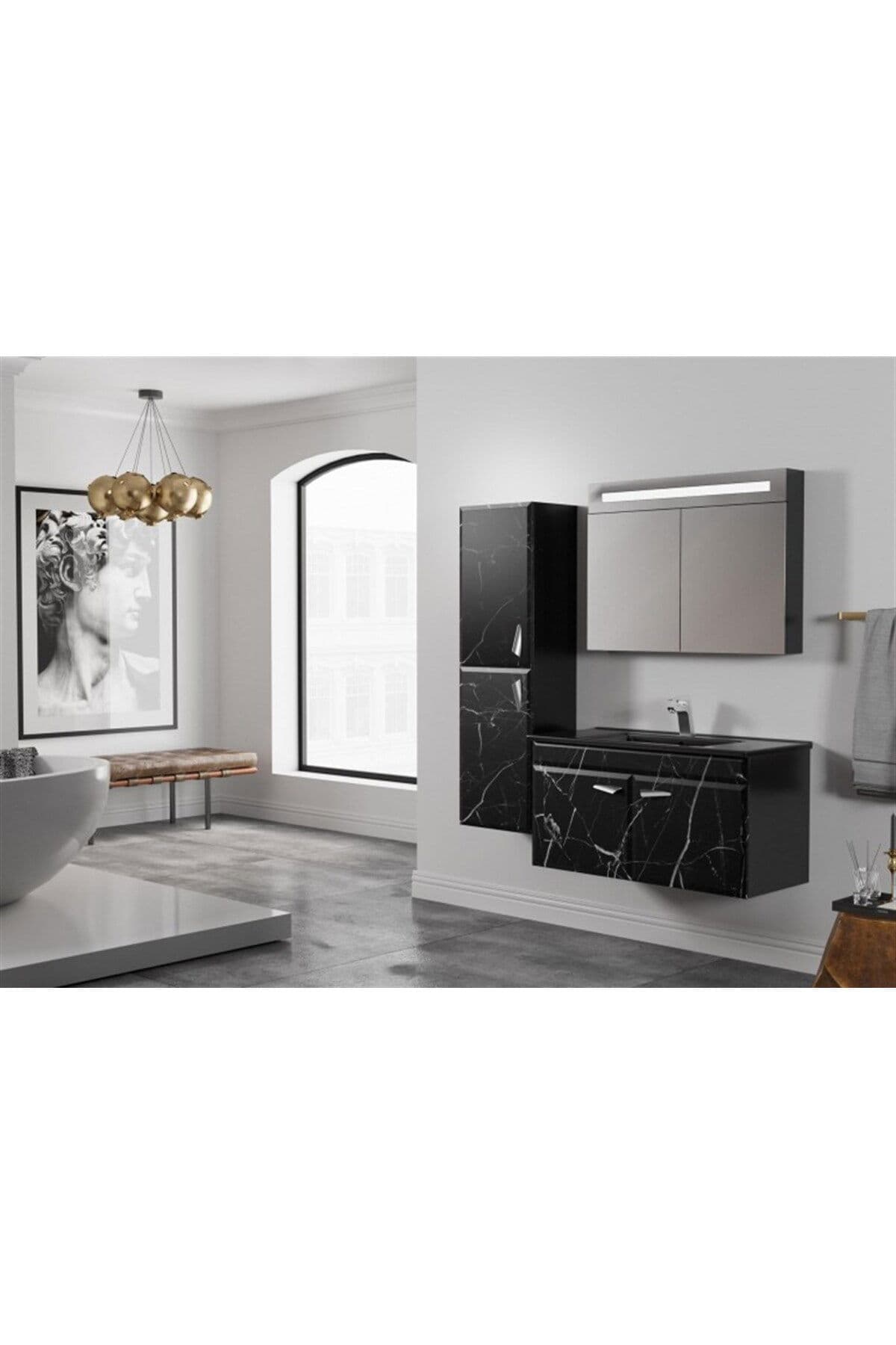Marble Banyo Dolabı Takımı Siyah 65 Cm