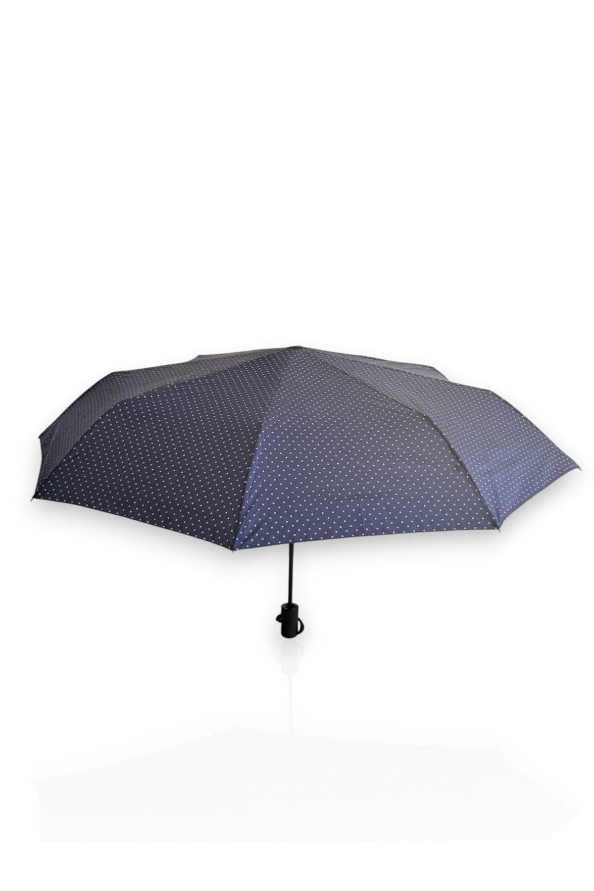 Lacivert puantiyeli tam otomatik 8 telli kısa şemsiye, şık ve kullanışlı.