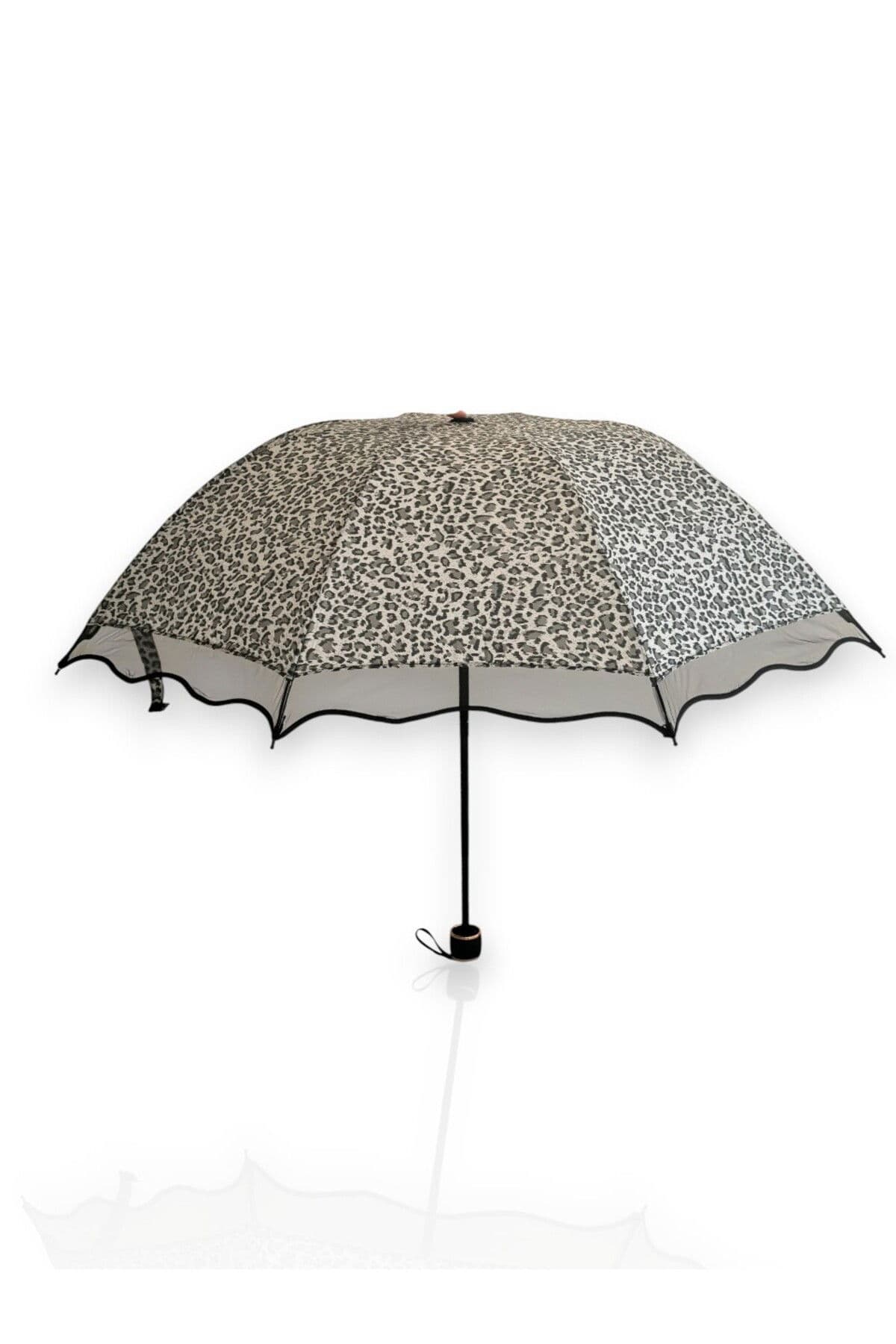 Leopar Desenli Dalgalı Kenarlı Manuel Kısa Boy Şemsiye