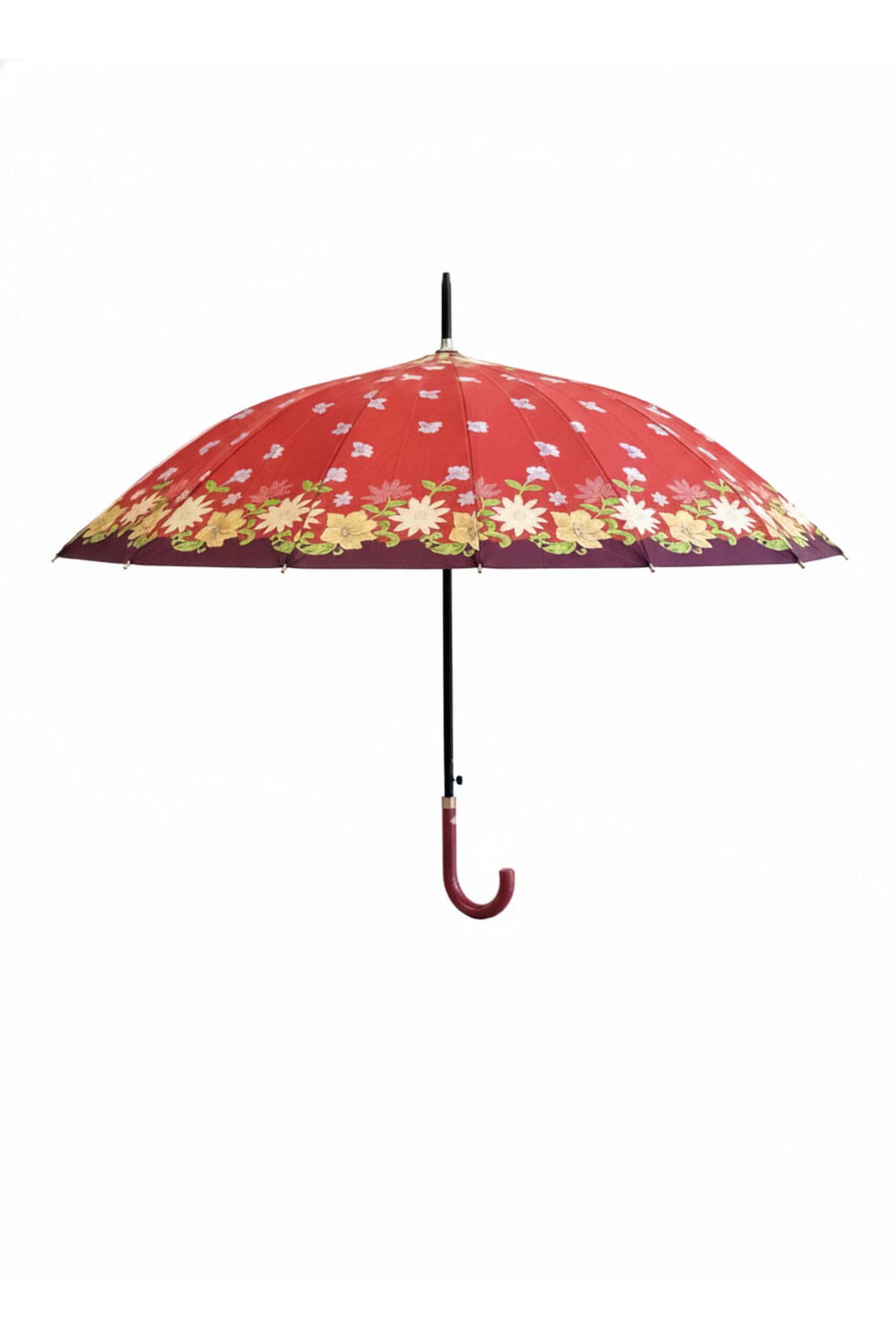 Çiçek detaylı,renkli 1. Sınıf Kalite Baston Tip Rüzgar Korumalı Metal 16 Telli Siyah Gövdeli şemsiye