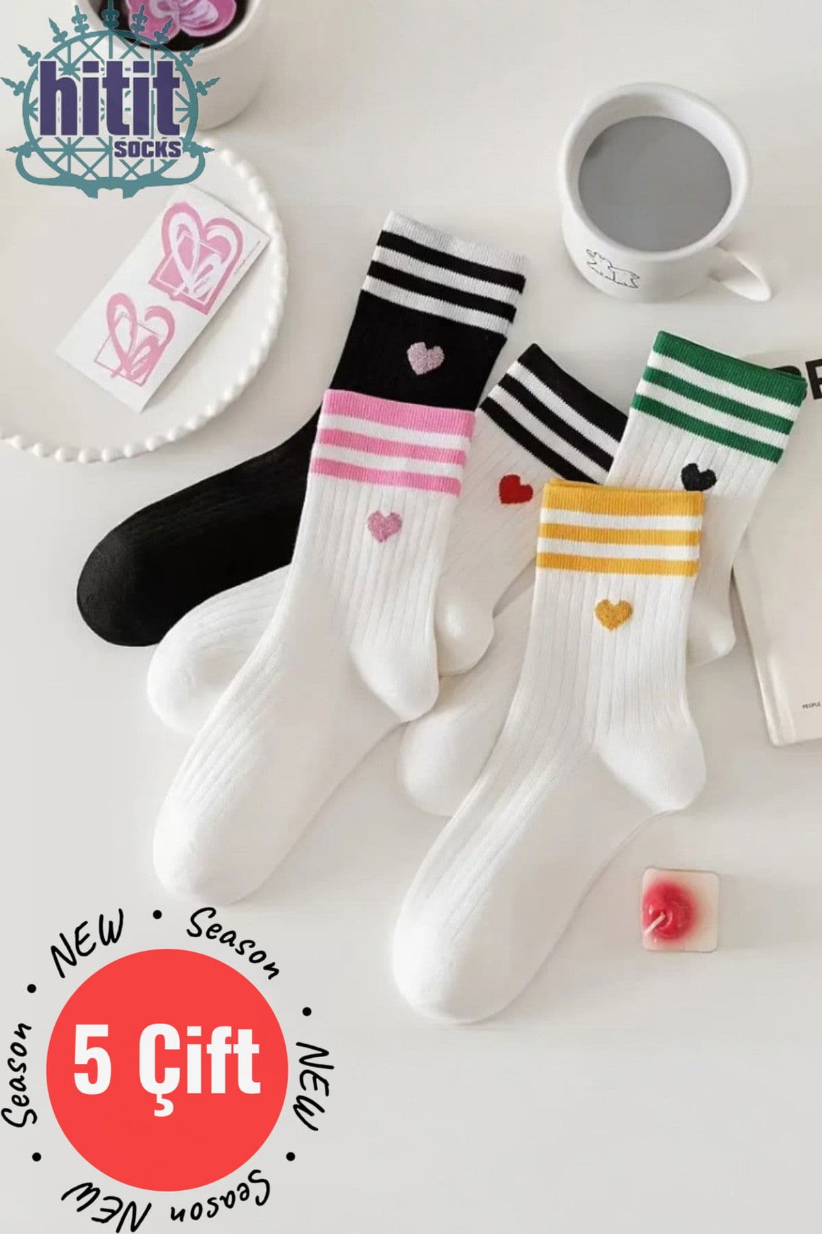 Kadın 5 Çift Premium Kalite Çizgili Kalp İşlemeli Tenis Soket