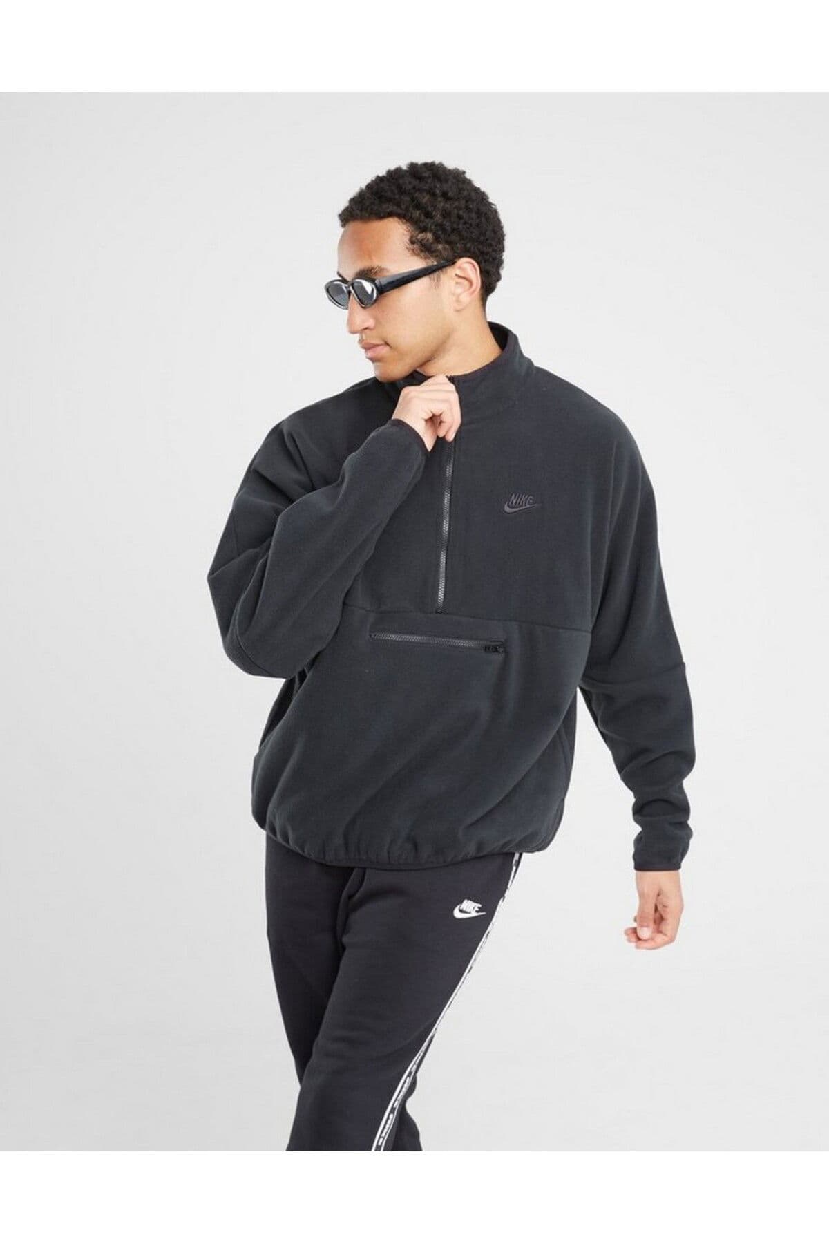 Sportswear Oversize Erkek Polar siyah Sweatshirt DX0525-010 (BİR BEDEN KÜÇÜK ALINIZ)