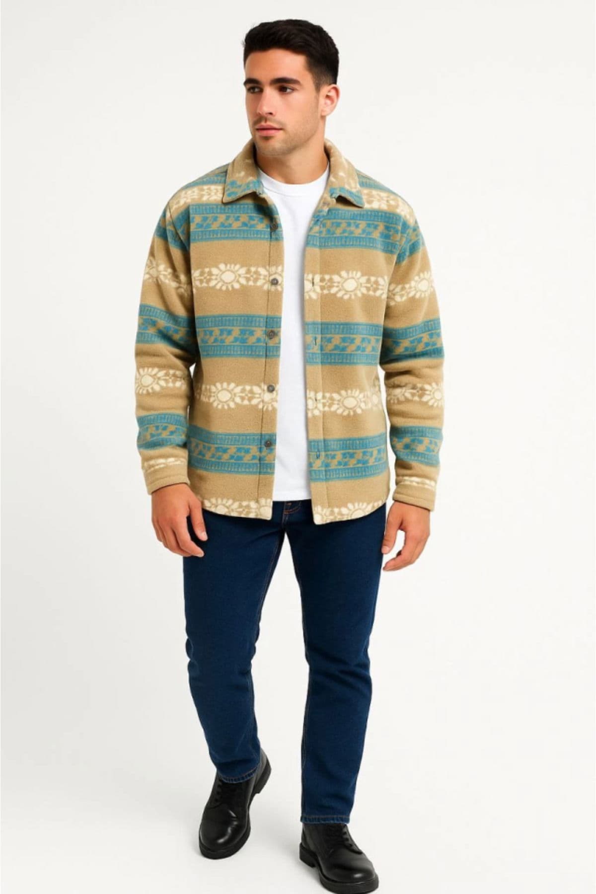 Erkek Desenli Polar Gömlek – Etnik Şerit Desen Yakalı, Uzun Kollu, Düğmeli, Oversize Raha