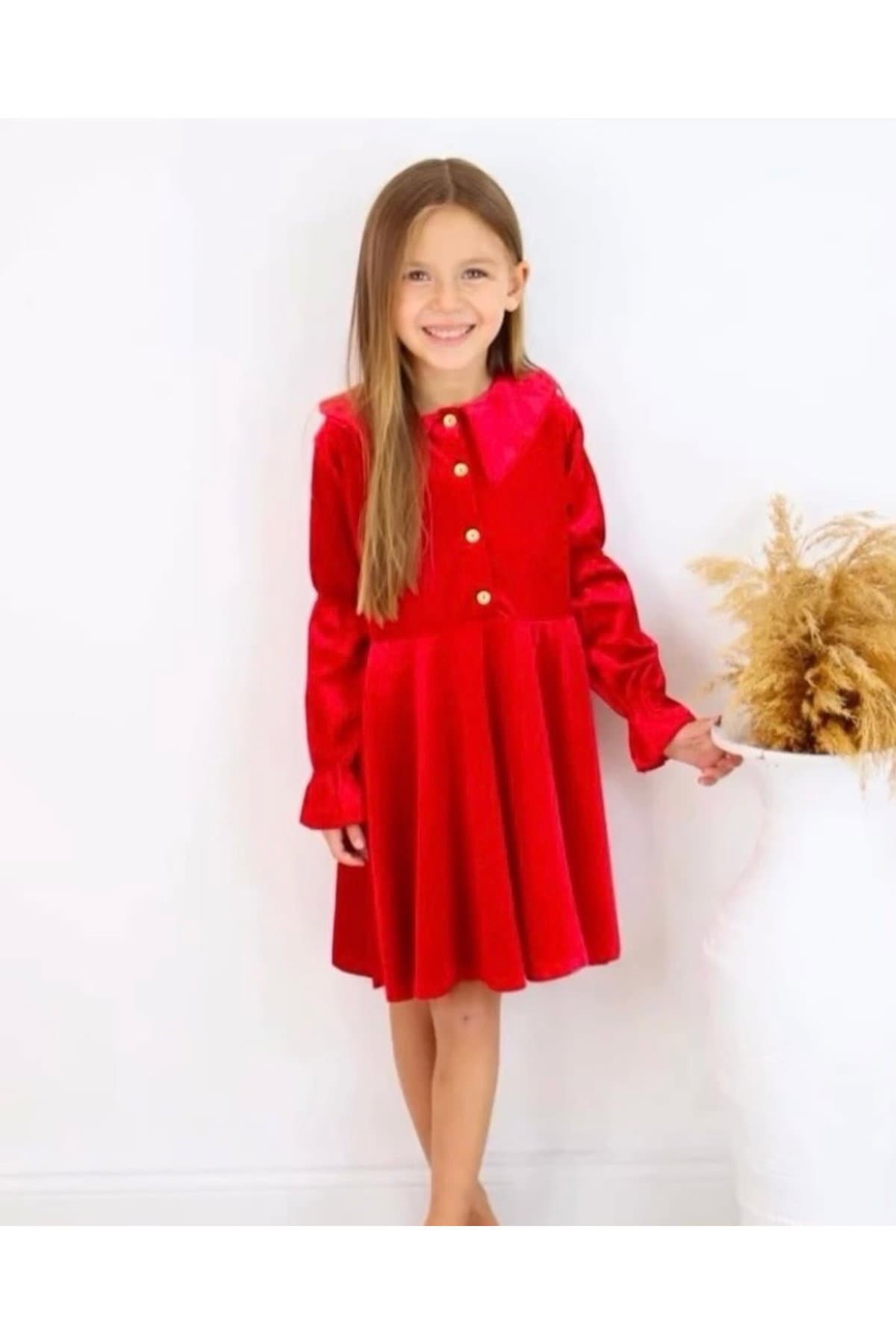 Kırmızı kız kadife elbise
