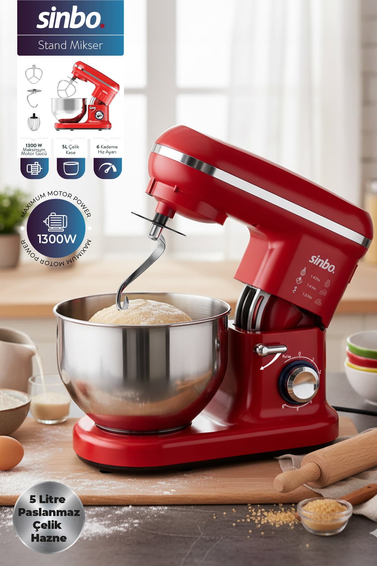 Sinbo SMX-2770 1300W Standlı Mikser - Kırmızı – 5 L Çelik Hazneli, 6 Hız Kademesi