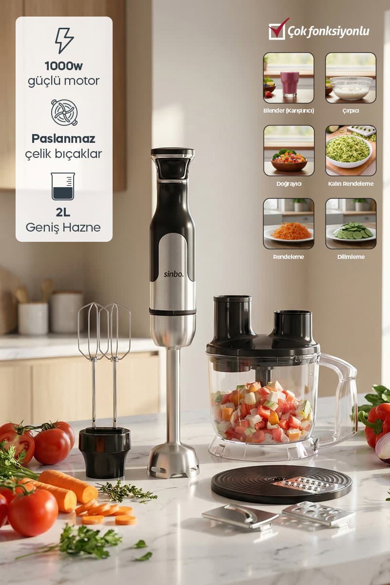 Sinbo SHB-7534 1000W El Blender Seti 2L Rendelemeli Doğrayıcılı